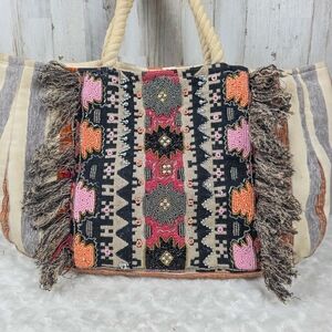 Evelyn K New York Wool Cotton Bohemian Raga Bonita Beaded Fringe Tassel Tote Bag